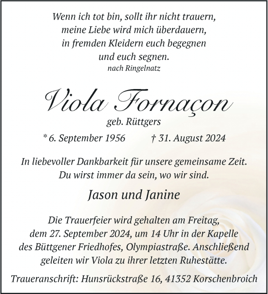 Traueranzeige von Viola Fornacon von trauer.extra-tipp-moenchengladbach.de