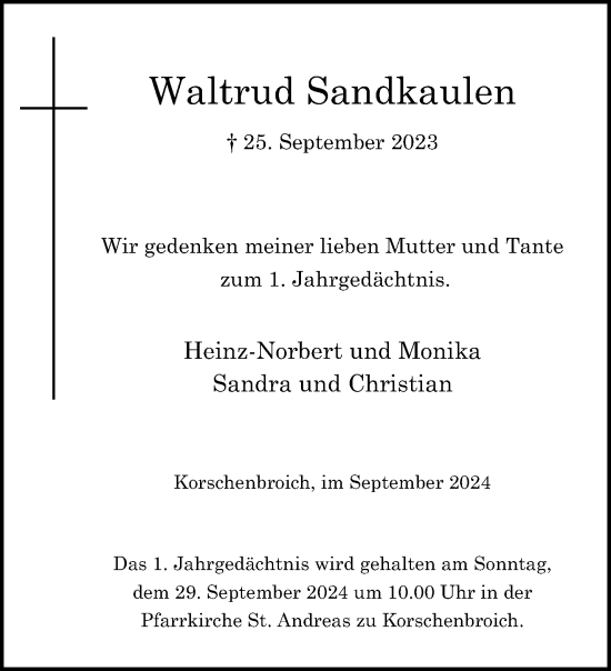 Traueranzeige von Waltrud Sandkaulen von trauer.extra-tipp-moenchengladbach.de