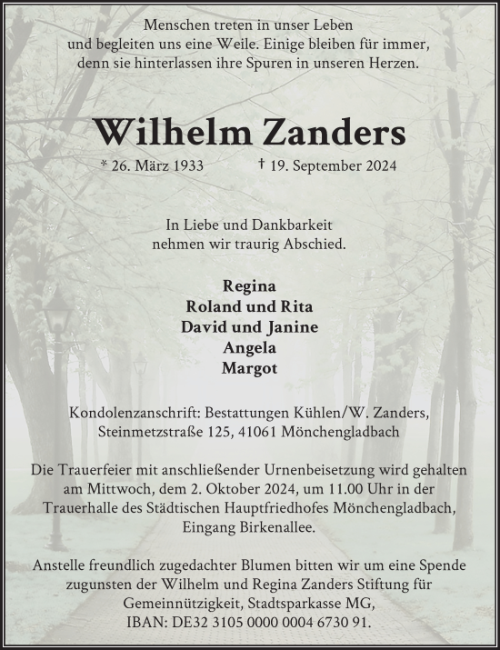 Traueranzeige von Wilhelm Zanders von trauer.extra-tipp-moenchengladbach.de