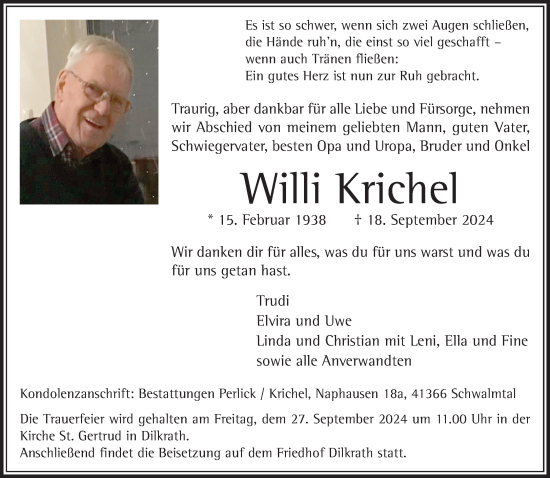 Traueranzeige von Willi Krichel von trauer.extra-tipp-moenchengladbach.de