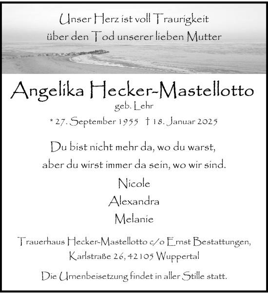 Traueranzeige von Angelika Hecker-Mastellotto von trauer.wuppertaler-rundschau.de