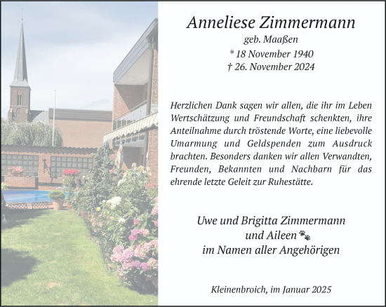 Traueranzeige von Anneliese Zimmermann von trauer.extra-tipp-moenchengladbach.de