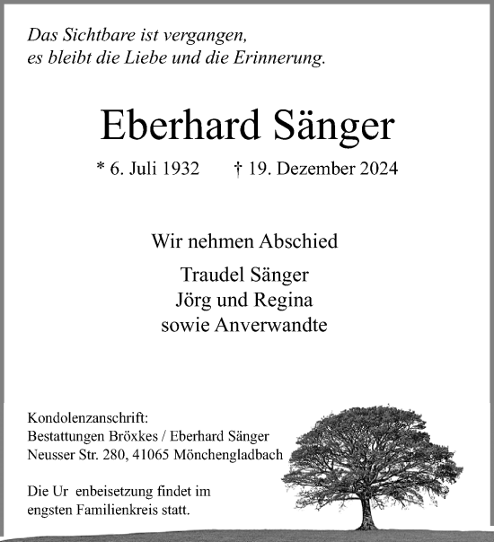 Traueranzeige von Eberhard Sänger von trauer.extra-tipp-moenchengladbach.de