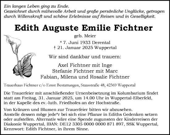 Traueranzeige von Edith Auguste Emilie Fichtner von trauer.wuppertaler-rundschau.de