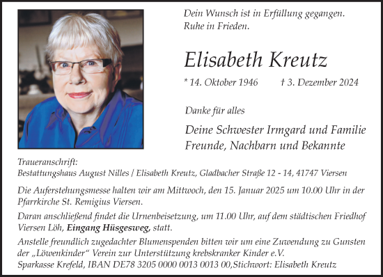 Traueranzeige von Elisabeth Kreutz von trauer.extra-tipp-moenchengladbach.de