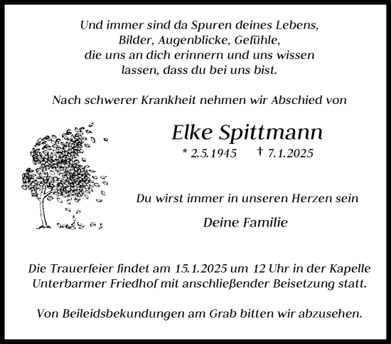 Traueranzeige von Elke Spittmann von trauer.wuppertaler-rundschau.de