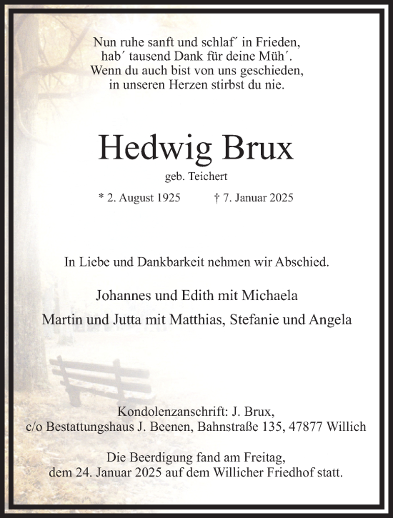 Traueranzeige von Hedwig Brux von trauer.extra-tipp-moenchengladbach.de