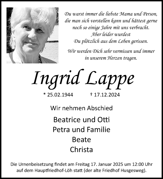 Traueranzeige von Ingrid Lappe von trauer.extra-tipp-moenchengladbach.de