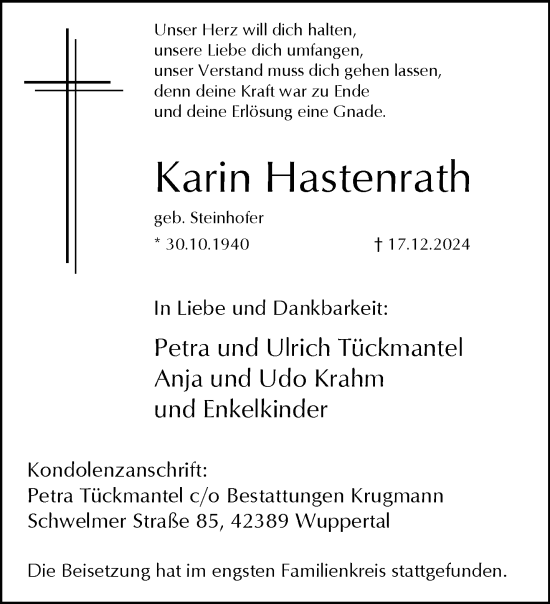 Traueranzeige von Karin Hastenrath von trauer.wuppertaler-rundschau.de