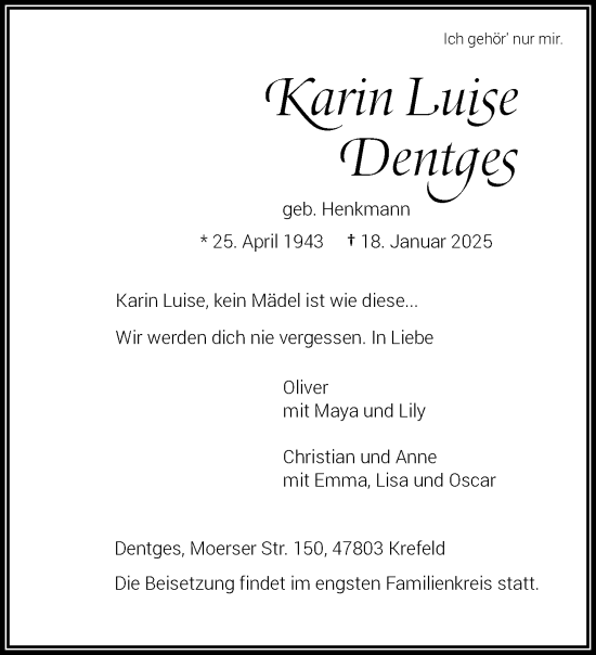 Traueranzeige von Karin Luise Dentges von trauer.extra-tipp-moenchengladbach.de