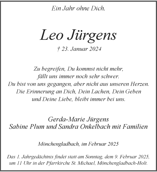 Traueranzeige von Leo Jürgens von trauer.extra-tipp-moenchengladbach.de