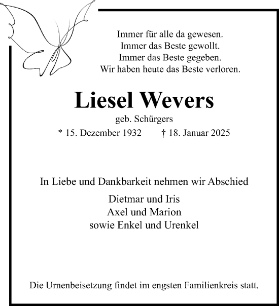 Traueranzeige von Liesel Wevers von trauer.extra-tipp-moenchengladbach.de