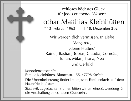 Traueranzeige von Lothar Matthias Kleinhütten von trauer.extra-tipp-moenchengladbach.de