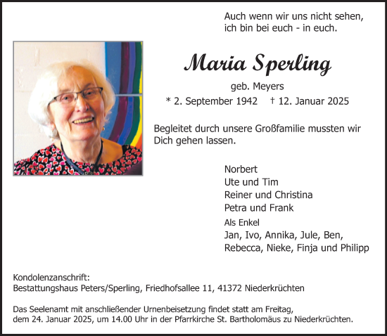 Traueranzeige von Maria Sperling von trauer.extra-tipp-moenchengladbach.de