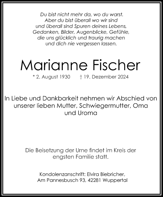 Traueranzeige von Marianne Fischer von trauer.wuppertaler-rundschau.de