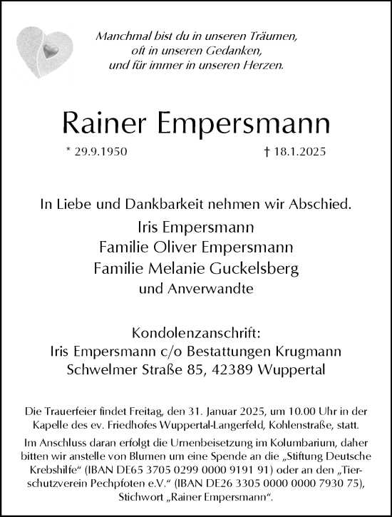 Traueranzeige von Rainer Empersmann von trauer.wuppertaler-rundschau.de