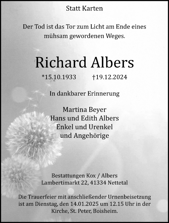 Traueranzeige von Richard Albers von trauer.extra-tipp-moenchengladbach.de