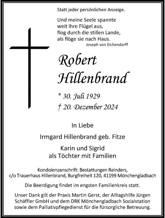 Traueranzeige von Robert Hillenbrand von trauer.extra-tipp-moenchengladbach.de