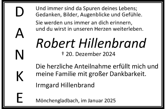 Traueranzeige von Robert Hillenbrand von trauer.extra-tipp-moenchengladbach.de