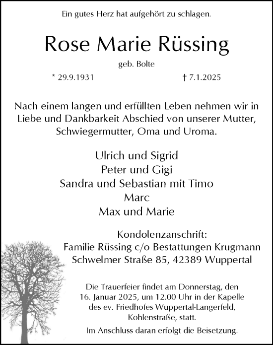 Traueranzeige von Rose Marie Rüssing von trauer.wuppertaler-rundschau.de