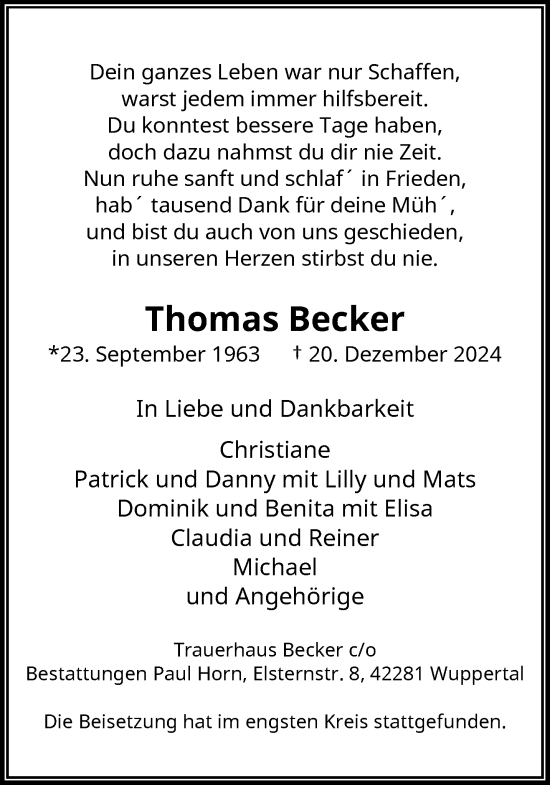 Traueranzeige von Thomas Becker von trauer.wuppertaler-rundschau.de