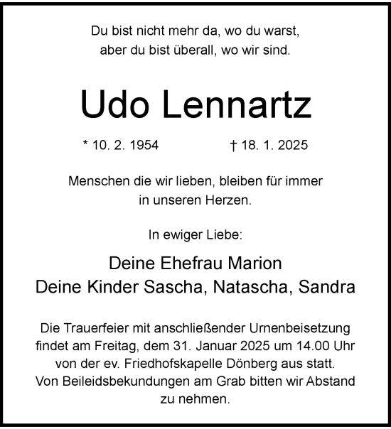 Traueranzeige von Udo Lennartz von trauer.wuppertaler-rundschau.de