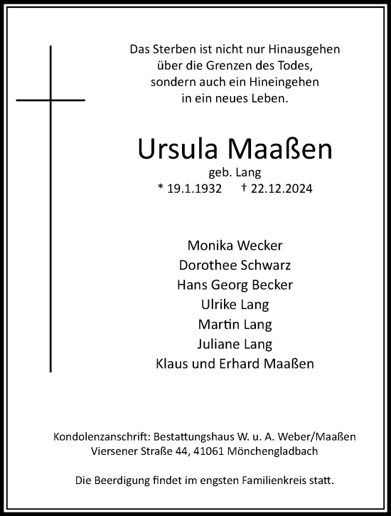 Traueranzeige von Ursula Maaßen von trauer.extra-tipp-moenchengladbach.de