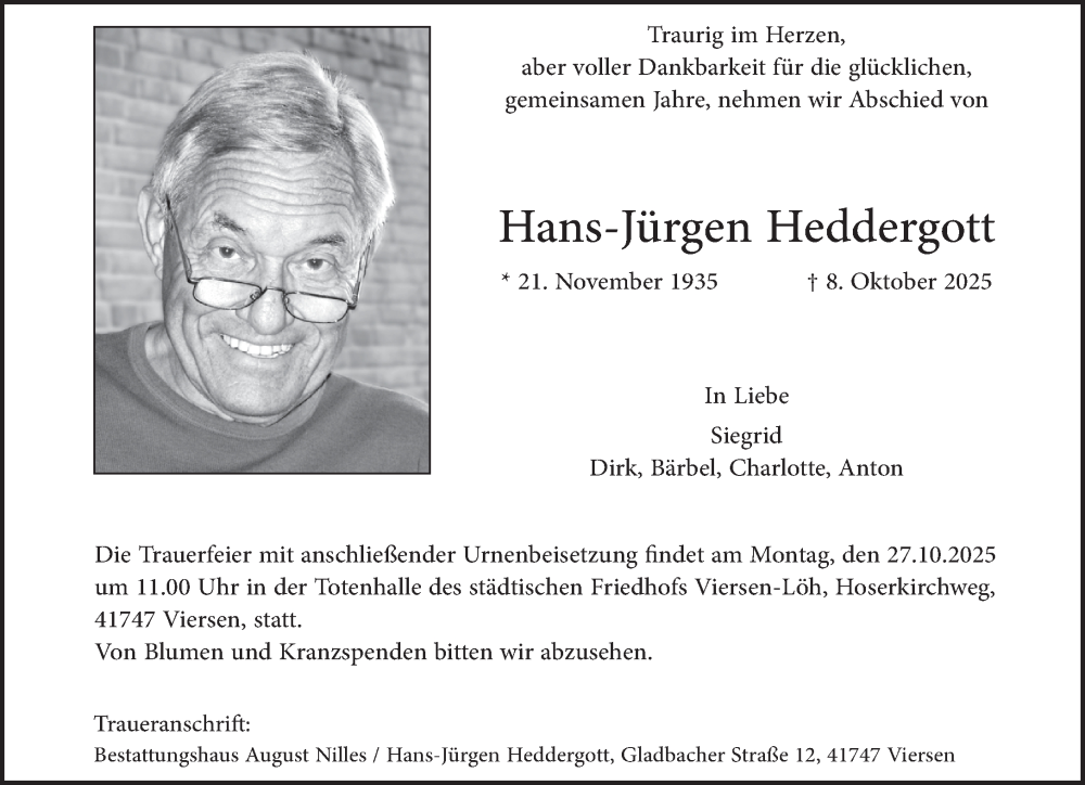  Traueranzeige für Hans-Jürgen Heddergott vom 19.10.2025 aus trauer.panorama-anzeigenblatt.de