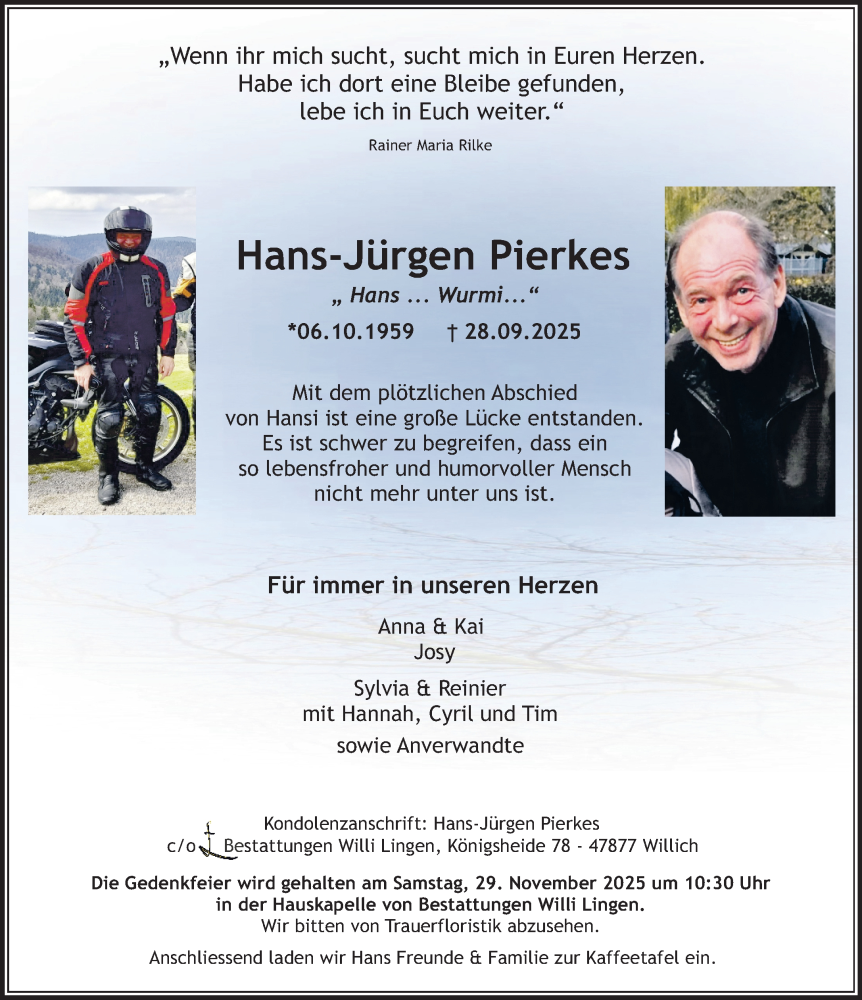  Traueranzeige für Hans-Jürgen Pierkes vom 26.10.2025 aus trauer.panorama-anzeigenblatt.de