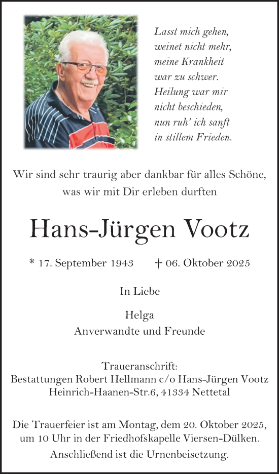 Traueranzeige von Hans-Jürgen Vootz von trauer.panorama-anzeigenblatt.de