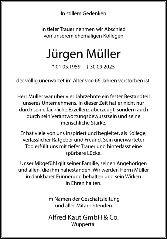 Traueranzeige von Jürgen Müller von trauer.wuppertaler-rundschau.de