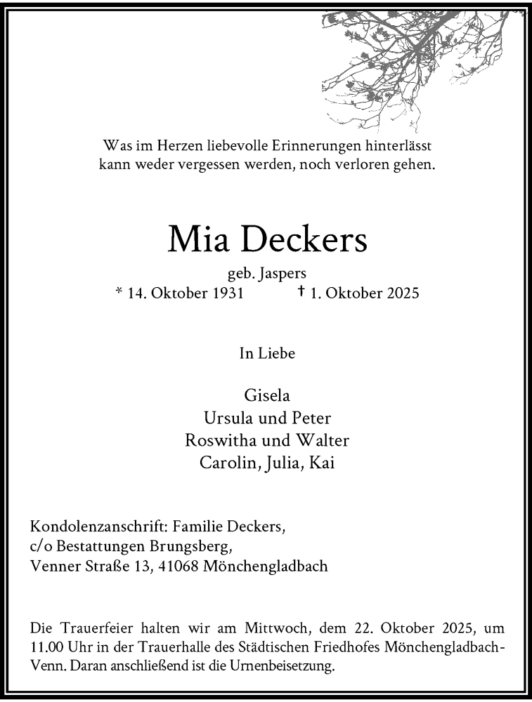  Traueranzeige für Mia Deckers vom 12.10.2025 aus trauer.panorama-anzeigenblatt.de