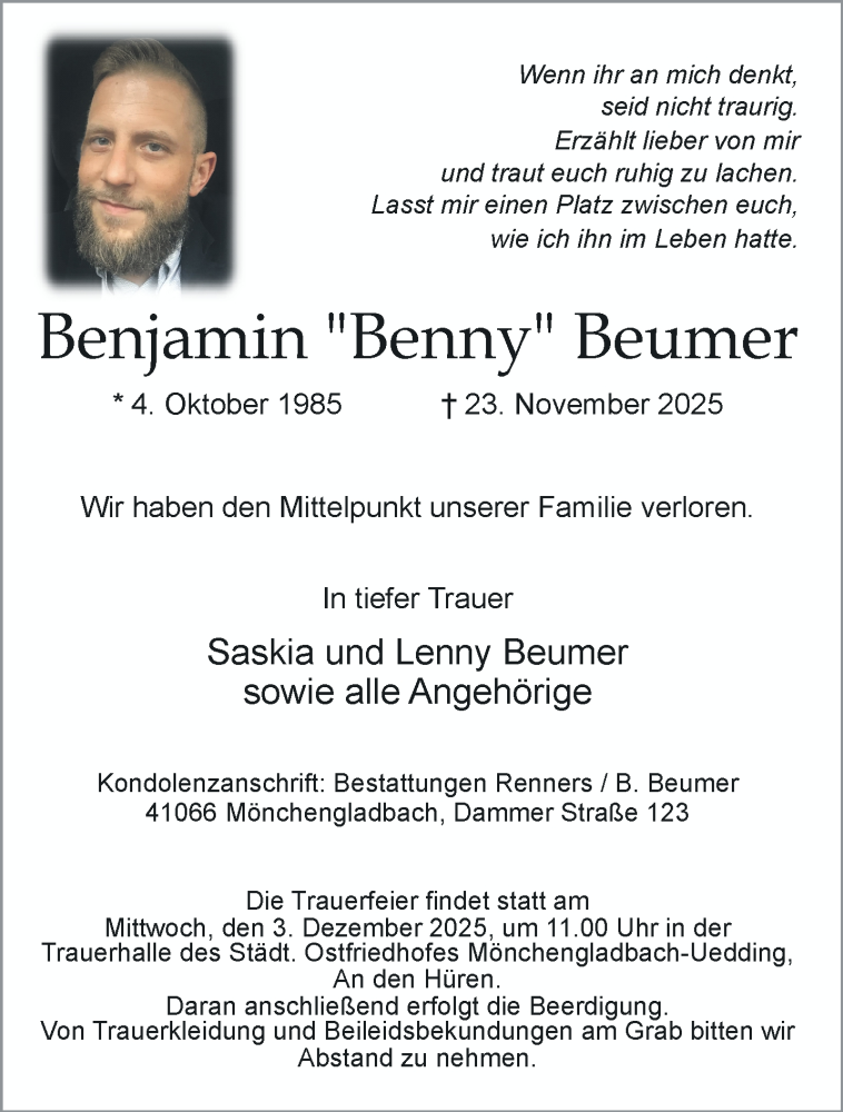  Traueranzeige für Benjamin Beumer vom 30.11.2025 aus trauer.panorama-anzeigenblatt.de