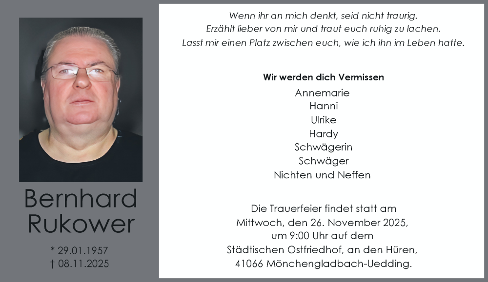  Traueranzeige für Bernhard Rukower vom 23.11.2025 aus trauer.panorama-anzeigenblatt.de
