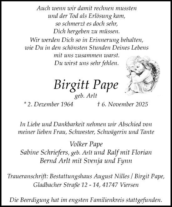 Traueranzeige von Birgitt Pape von trauer.panorama-anzeigenblatt.de