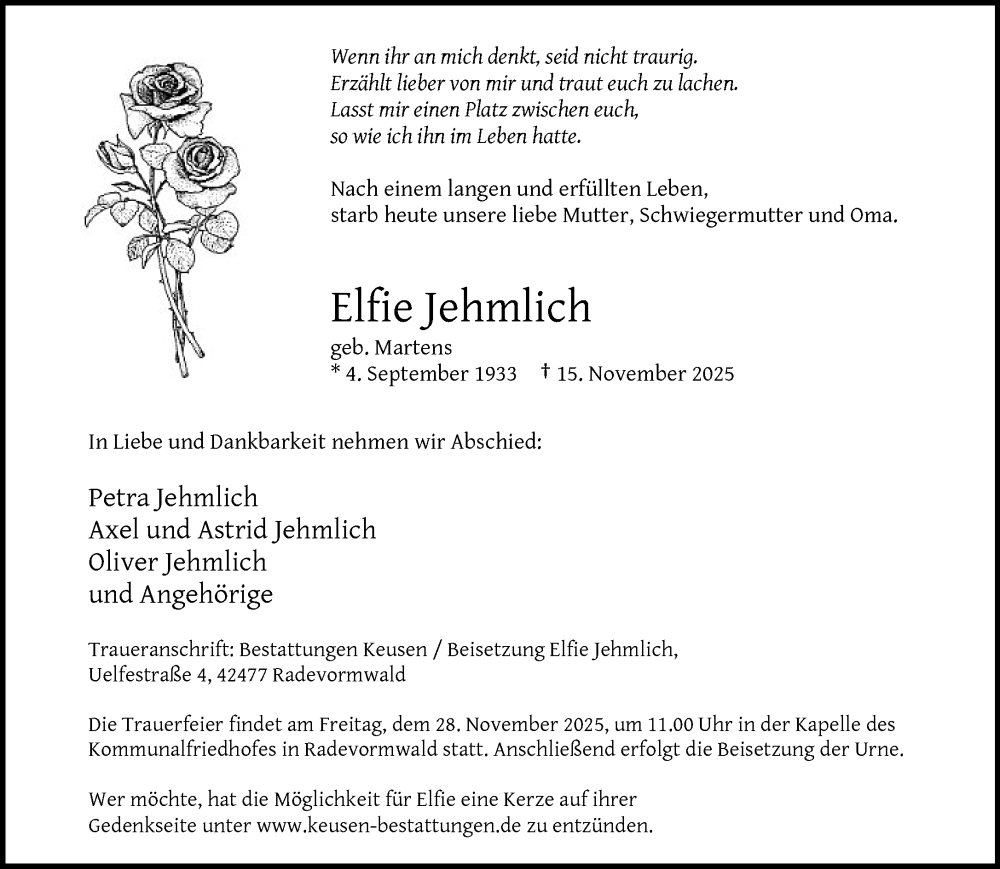  Traueranzeige für Elfie Jehmlich vom 22.11.2025 aus trauer.wuppertaler-rundschau.de