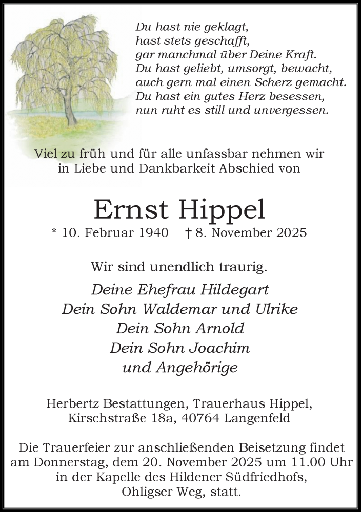  Traueranzeige für Ernst Hippel vom 16.11.2025 aus trauer.panorama-anzeigenblatt.de