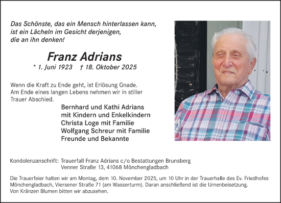 Traueranzeige von Franz Adrians von trauer.panorama-anzeigenblatt.de
