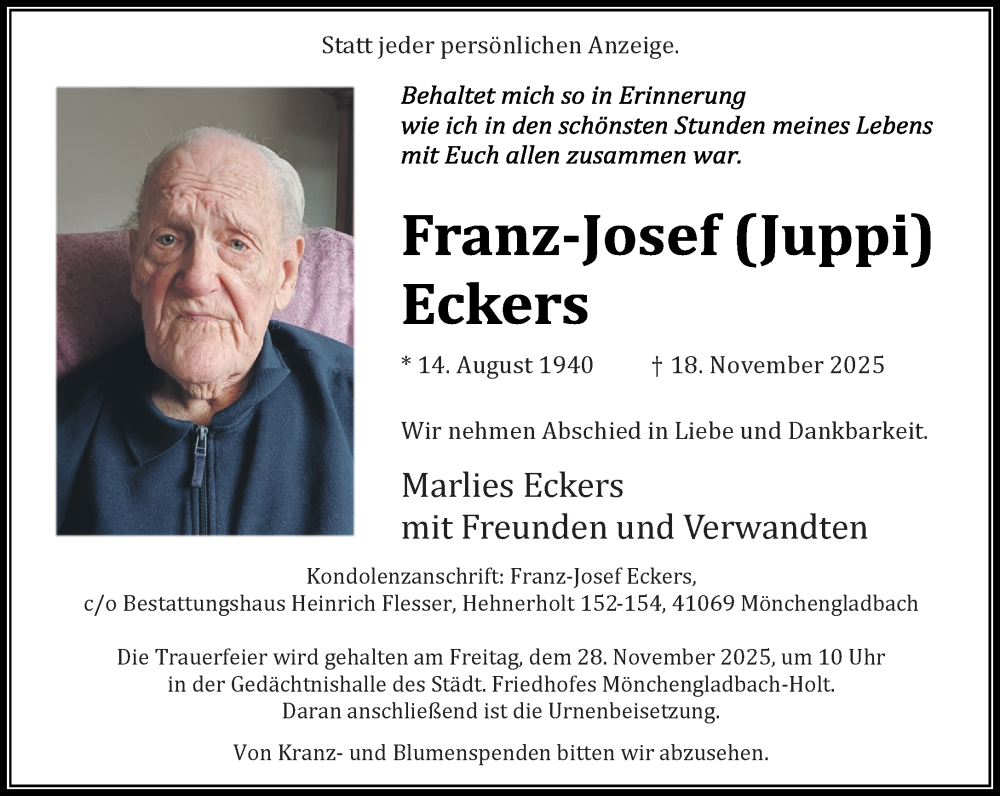  Traueranzeige für Franz-Josef Eckers vom 23.11.2025 aus trauer.panorama-anzeigenblatt.de