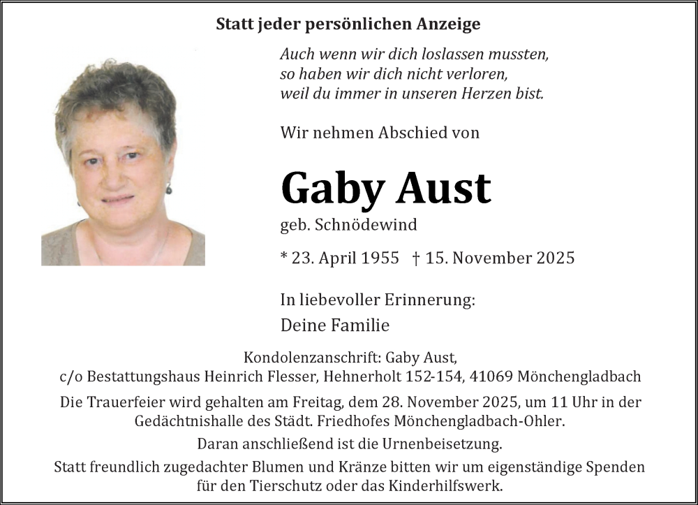  Traueranzeige für Gaby Aust vom 23.11.2025 aus trauer.panorama-anzeigenblatt.de