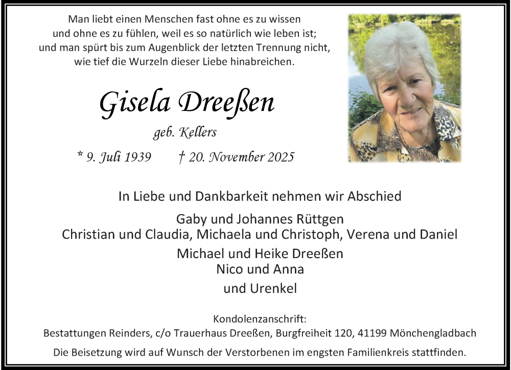  Traueranzeige für Gisela Dreßen vom 30.11.2025 aus trauer.panorama-anzeigenblatt.de
