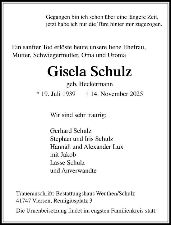 Traueranzeige von Gisela Schulz von trauer.panorama-anzeigenblatt.de