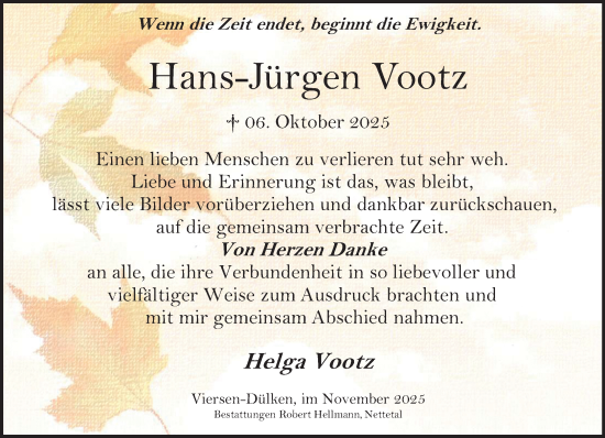 Traueranzeige von Hans-Jürgen Vootz von trauer.panorama-anzeigenblatt.de