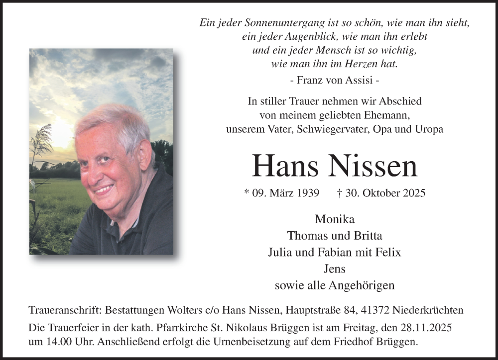  Traueranzeige für Hans Nissen vom 23.11.2025 aus trauer.panorama-anzeigenblatt.de