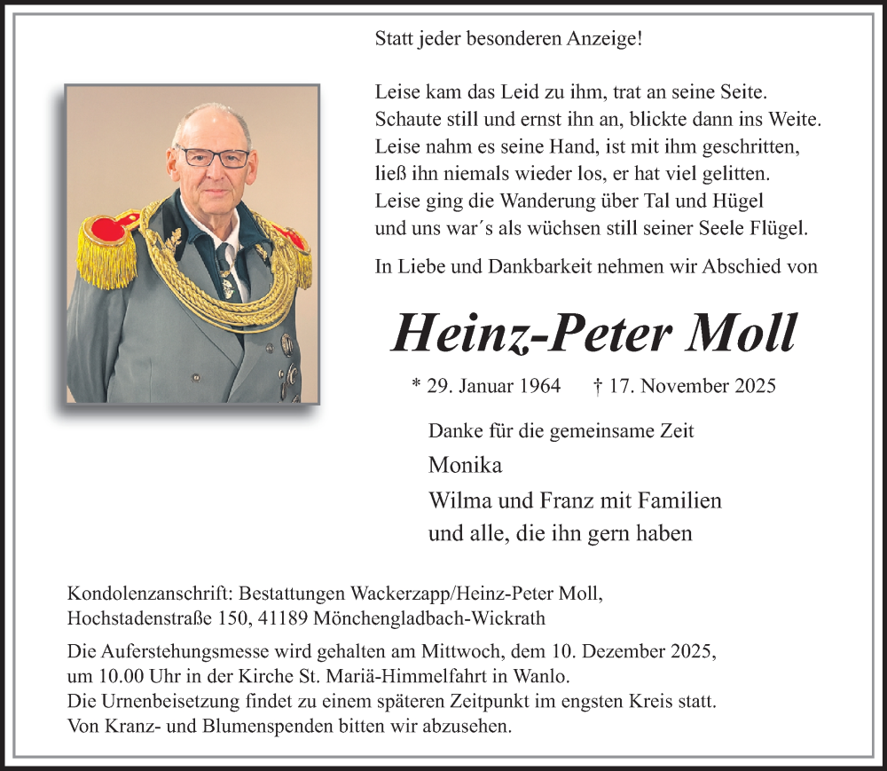  Traueranzeige für Heinz-Peter Moll vom 30.11.2025 aus trauer.panorama-anzeigenblatt.de