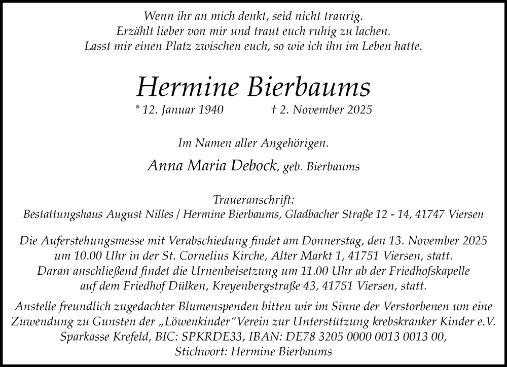  Traueranzeige für Hermine Bierbaums vom 09.11.2025 aus trauer.panorama-anzeigenblatt.de