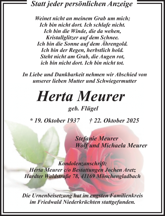 Traueranzeige von Herta Meurer von trauer.panorama-anzeigenblatt.de