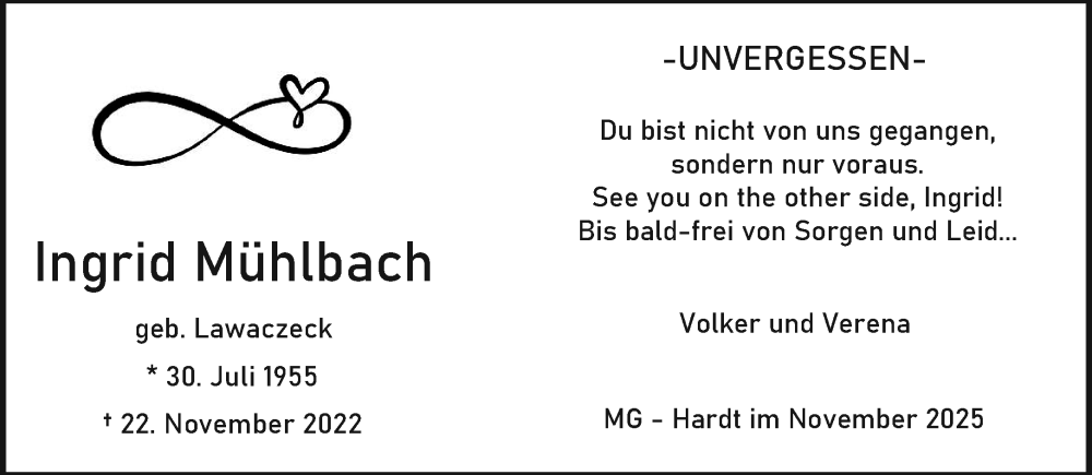  Traueranzeige für Ingrid Mühlbach vom 16.11.2025 aus trauer.panorama-anzeigenblatt.de