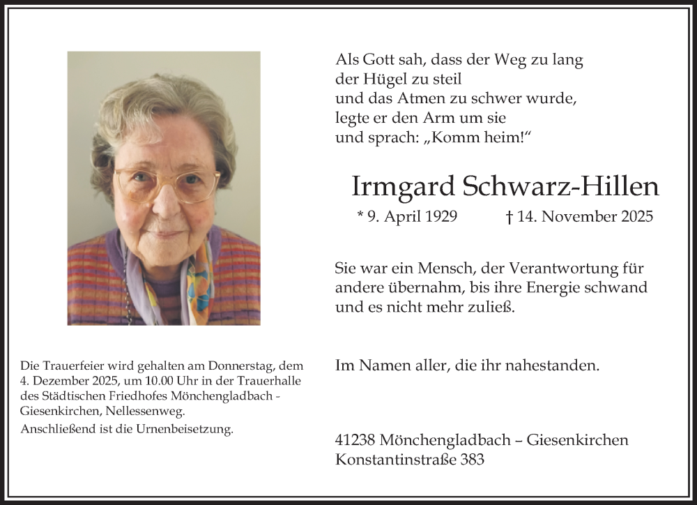  Traueranzeige für Irmgard Schwarz-Hillen vom 23.11.2025 aus trauer.panorama-anzeigenblatt.de