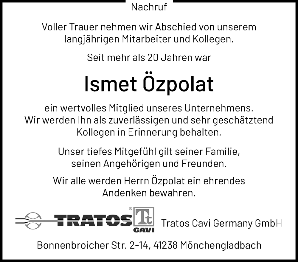  Traueranzeige für Ismet Özpolat vom 30.11.2025 aus trauer.panorama-anzeigenblatt.de